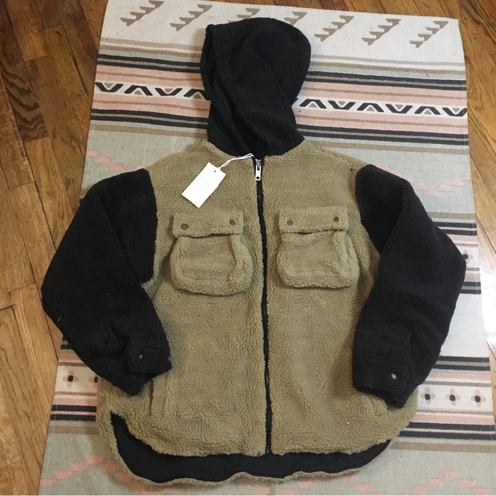 MNML Large brown two tone Sherpa zip up hoodie snap closure multiple pockets NEW